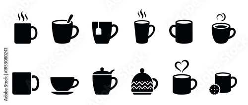 Various black silhouette coffee and tea cups icon set, featuring different styles with steam, tea bags, spoons, and cookies, presented in a clean graphic vector illustration