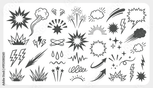 Comic Speed Line and Explosion Effect Doodle Set with Boom Bursts and Motion Lines in Cartoon Style. Vector Illustration.