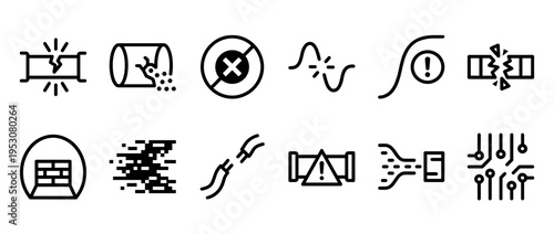 Twelve black outline icons illustrating various system errors, including broken pipes, data corruption, signal loss, and network failures, presented in a clean, minimalist style