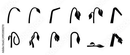 Black silhouette plant icons depicting wilting and drooping stems and leaves, presented as a collection of minimalist vector illustrations with a stark, graphic style