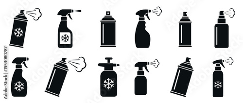 Various black silhouette spray bottles and aerosol cans are depicted in a clean, graphic icon set, with some actively spraying and others featuring a snowflake symbol, in a flat style