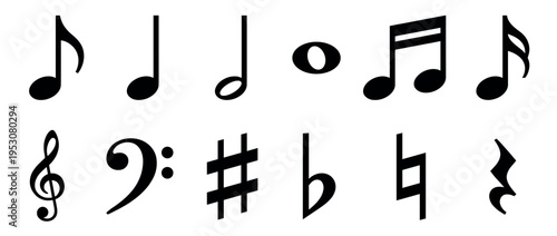 Various black musical symbols including notes, clefs, and accidentals are neatly arranged in a clean, graphic style, representing fundamental elements of music notation
