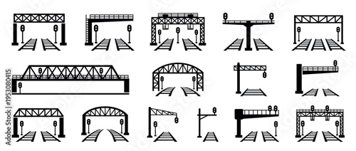 Fifteen black railway track and signal icons are presented in a minimalist flat design style, showcasing various bridge and gantry structures with clear, graphic details