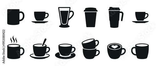 Various black silhouette coffee and tea cups, mugs, and travel tumblers are presented as a collection of beverage icons in a clean, graphic style