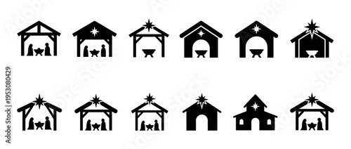 Twelve black silhouette nativity scene icons featuring various stable designs, some with figures and a star, presented in a simple, iconic style