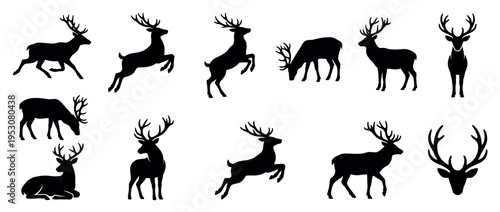 Multiple black deer silhouettes with large antlers are depicted in various dynamic and static poses, creating a graphic collection of wildlife