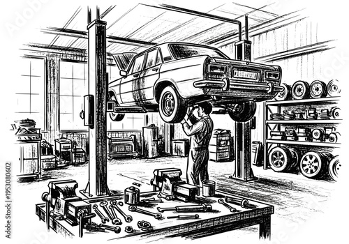 Mechanic working on a car lifted on a hydraulic platform in a workshop with tools and spare parts