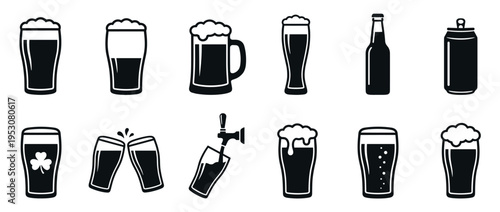 Various black and white beer icons illustrate different glasses, a mug, bottle, can, and a tap, with foam, bubbles, and toasting elements, presented in a clean graphic style