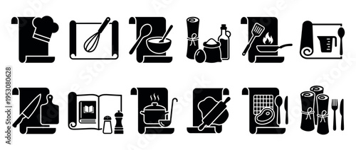 Black silhouette cooking recipe icons illustrate various kitchen tools, ingredients, and culinary processes in a modern, clean graphic style