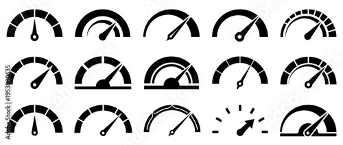 Fifteen black silhouette speedometer gauge icons with various designs illustrating different levels of measurement in a clean graphic style