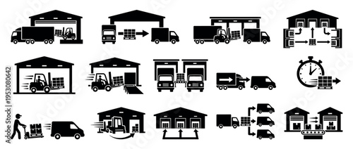 Comprehensive collection of black logistics icons depicting various stages of warehousing, shipping, and delivery processes with trucks, forklifts, and pallets