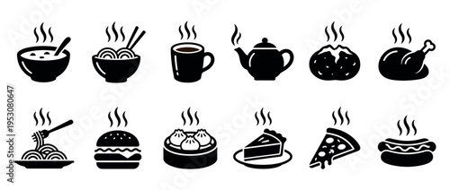 Twelve hot food and drink icons, depicted as black silhouettes with rising steam, showcasing a variety of popular dishes and beverages in a clean, graphic style
