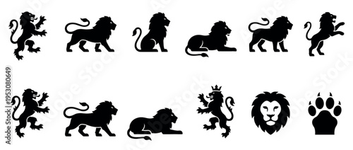 Collection of black silhouette lion icons in various majestic poses, including heraldic designs, a roaring head, and a paw print, presented in a graphic vector style