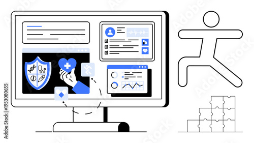 Health dashboard concept. Health management, security of medical data, and analytics in a digital interface. Health data drives secure and informed wellness decisions. For medical apps, analytics