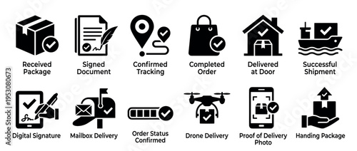 Collection of black glyph delivery and shipping process icons, each featuring a checkmark symbol, presented in a clean and modern style