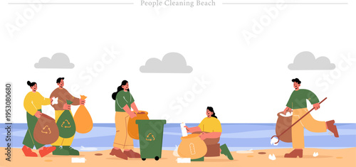 People Cleaning Beach Flat Vector Community Plastic Pollution Coastal Cleanup Illustration