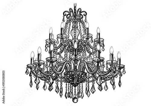 Elegant crystal chandelier drawing with multiple tiers and ornate details, perfect for luxury decor