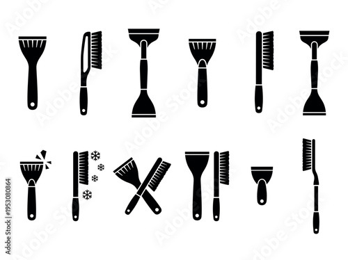 Black silhouette icons of various ice scrapers and snow brushes, presented in a clean, graphic style, illustrating essential winter car maintenance tools