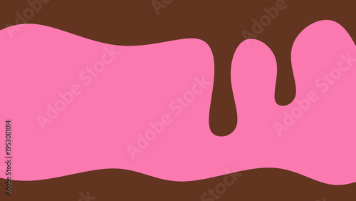 Sweet chocolate melting drip on pink background. Brown syrup melt on strawberry pink wallpaper. Dessert frame template with copy space. Abstract dripping fluid and wavy border layout.
