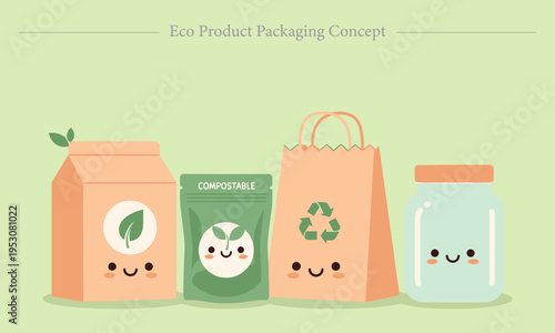 Eco Product Packaging Cute Flat Vector Compostable Recyclable Sustainable Containers Illustration