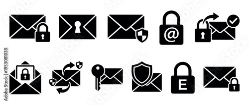 Black and white email security icons are displayed in a graphic, flat design, illustrating concepts of digital privacy and protected communication