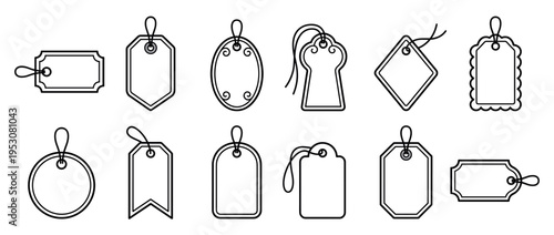 Twelve diverse outline price tags with strings, featuring various shapes like rectangular, oval, circular, and ornate designs in a clean, minimalist style