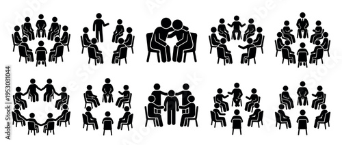Black stick figure icons illustrating diverse groups of people engaged in meetings, discussions, and support sessions, rendered in a clean graphic style