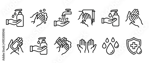 Collection of black line art hand washing icons illustrating various steps of hand hygiene, sanitation, and health protection in a clean, minimalist style
