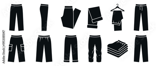 Collection of black silhouette pants icons showcasing various styles and forms, including folded, hanging, and different cuts, presented in a clean graphic design