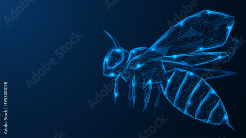The digital wasp, a symbiosis of nature and technology. The concept of high-tech lightness, dynamics and precision. Low-poly design of interconnected lines and dots, blue background.