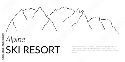 Alpine winter travel season banner with Dolomite Alps mountains black contour. Doodle hand drawn by ink. Space for text.