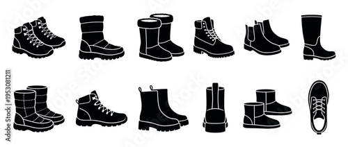 Collection of black silhouette winter and hiking boots, featuring various styles like fur-lined, laced, and rain boots, presented in a graphic iconic illustration