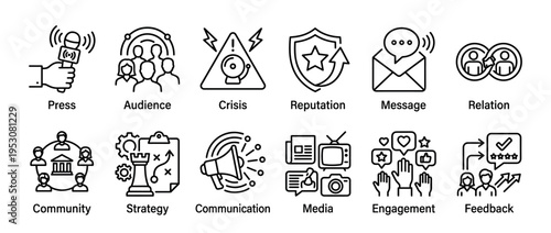 These black line art icons visually represent essential public relations, communication, and business strategy concepts, depicted with a minimalist and professional aesthetic