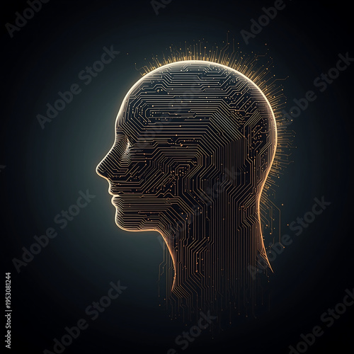 A futuristic illustration of a human head with a circuit board design