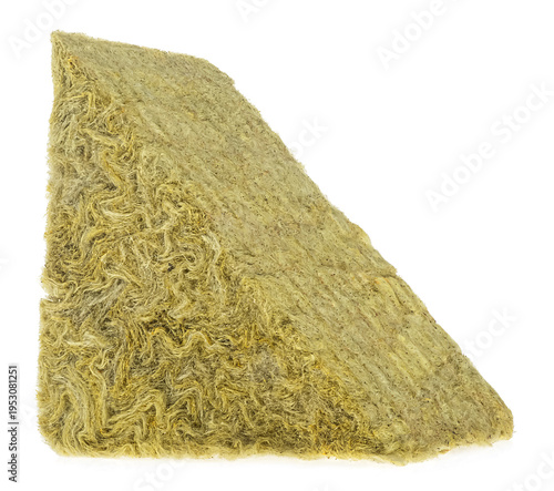 Piece of stone mineral wool in triangle form isolated on a white background. Thermal insulation. Fiberglass.