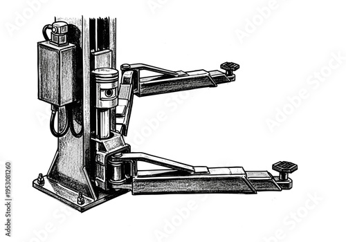 Detailed illustration of a car lift mechanism with adjustable arms and piston