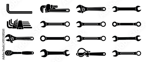 Various black silhouette hand tools and wrenches, including adjustable, pipe, combination, and hex keys, presented in a clean, graphic style
