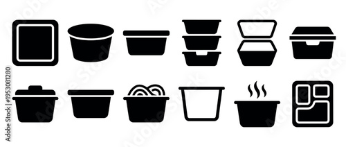 Various black silhouette graphic food containers icons, including takeout boxes, bowls, and trays, presented in a clean, modern, and illustrative style