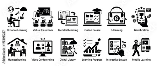 Comprehensive collection of modern education technology icons, depicting various digital learning methods and academic progress in a flat graphic style
