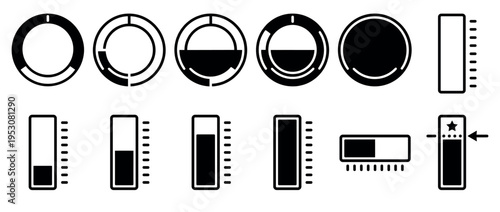 Collection of black and white progress bar icons, featuring various circular and rectangular loading indicators and level meters in a clean graphic style