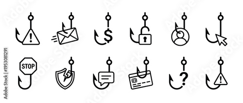 Black outline fishing hook icons representing various digital security threats and phishing scams, presented in a clean, modern vector style