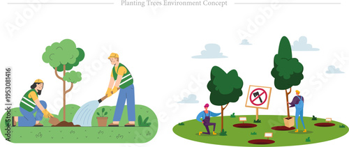 Planting Trees Environment Concept Flat Vector Reforestation Nature Conservation Illustration