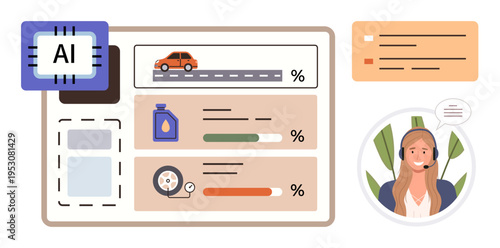 Artificial intelligence, vehicle maintenance, customer service, efficiency tracking, data analysis, support systems. Dashboard displays car metrics and progress indicators. Vehicle maintenance
