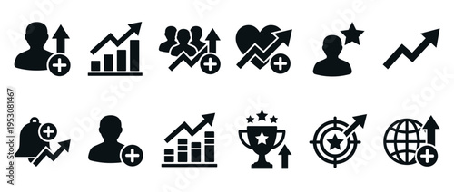 Twelve black silhouette business and growth icons are displayed in a modern, clean style, conveying concepts of success, achievement, and user engagement