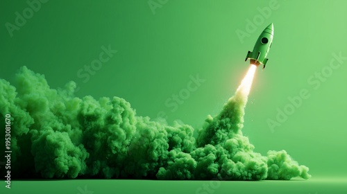 Rocket launching with green smoke as growth and startup success concept