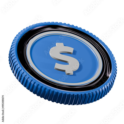 Premium 3D blue and black glossy dollar coin. Shiny professional crypto token inspired by USD for financial and investment projects, isolated on white.