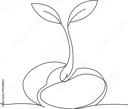 A single line drawing of a sprouting seed with delicate leaves