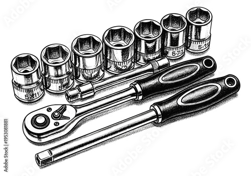 Set of chrome socket wrenches and ratchets with black handles, isolated on white background