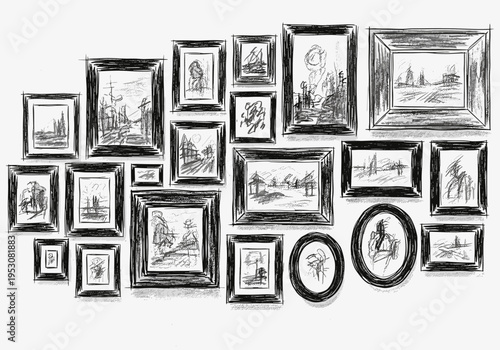 Collection of framed sketches depicting various landscapes and figures in a gallery wall arrangement