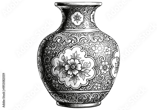 Intricately decorated antique vase with floral patterns in black and white sketch